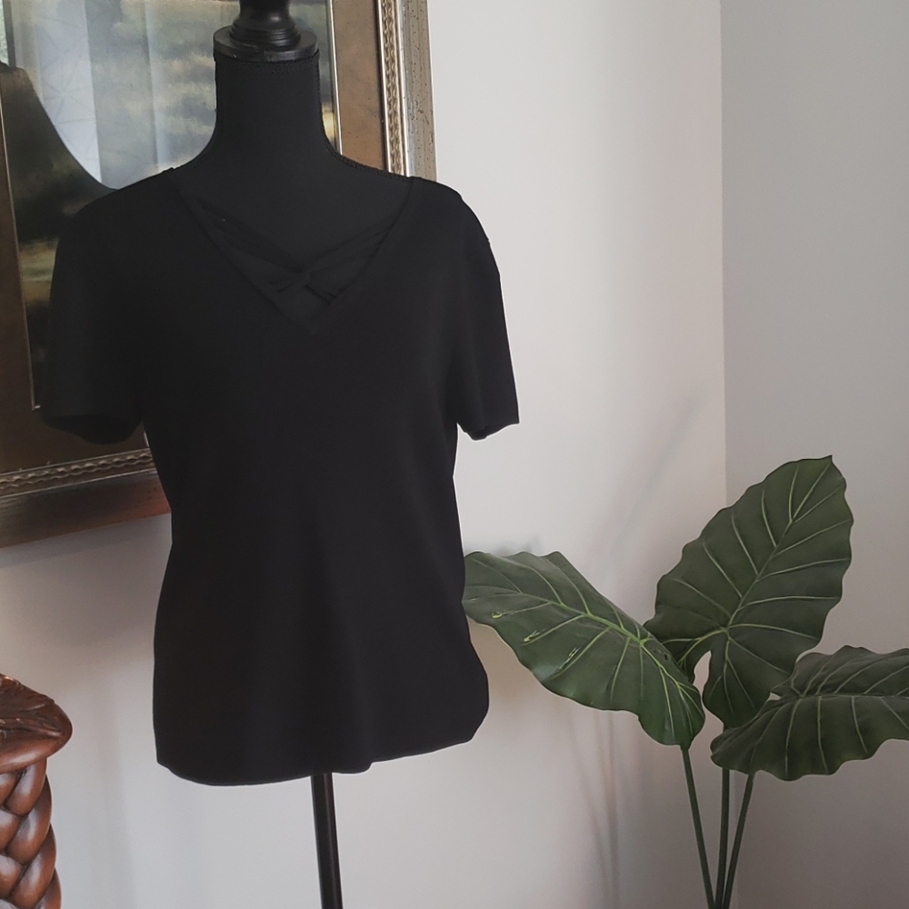 Black Knit Top with Criss-Cross V